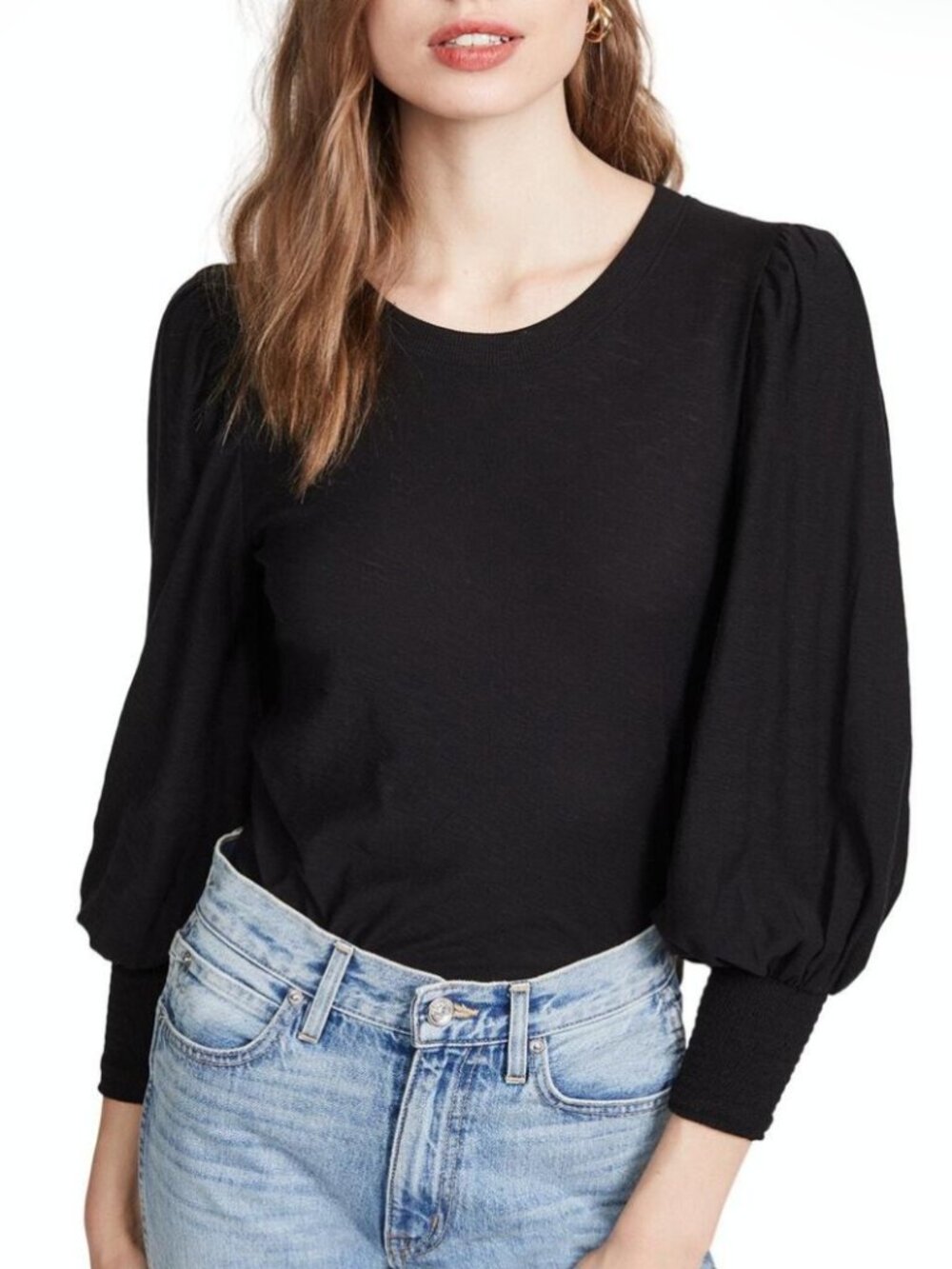 Nation LTD Loren Smocked Peasant Top Black Boho Puff Sleeve Pima Cotton Medium